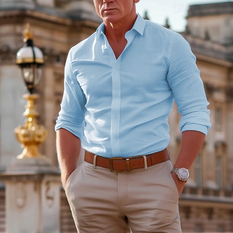 Men's Cotton Linen Shirt Plain Vacation Black White Pink Gray Long Sleeve Lapel Summer Spring Clothing Apparel2