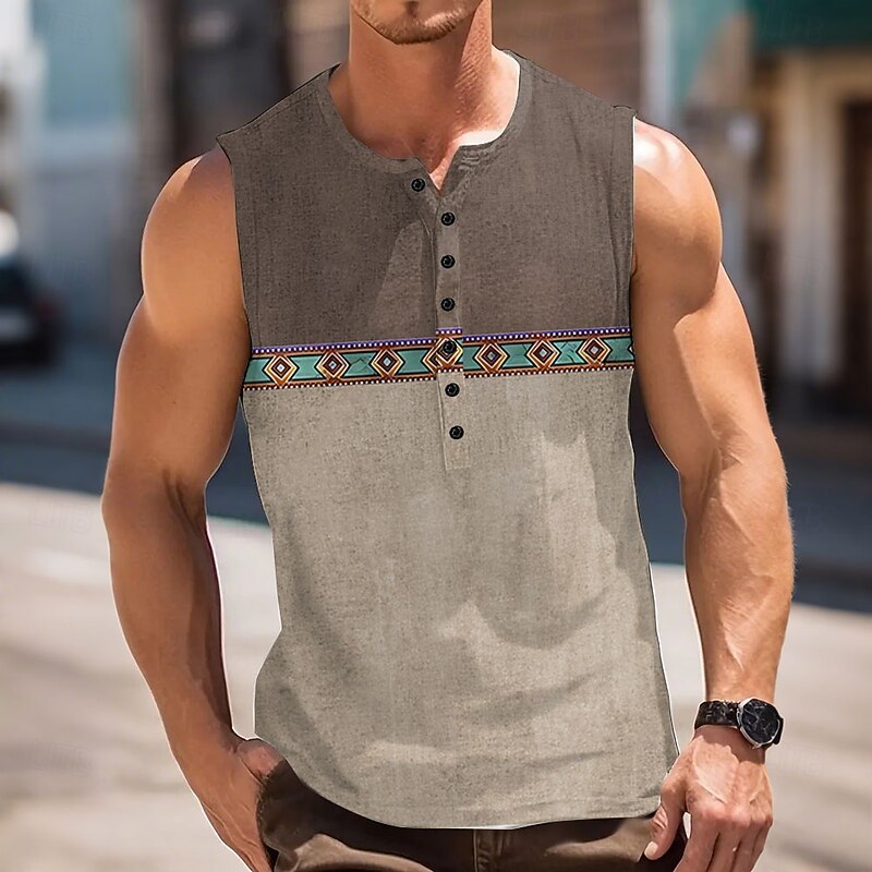 Men's Color Block Vintage Tank Top Henley Shirt Sleeveless Vintage Fashion Designer Outdoor Casual Daily Summer Spring &  Fall Dark Brown Blue Green Henley Henley T-Shirt3