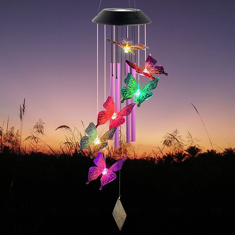 1 Pc Outdoor Solar Purple Butterfly Wind Chime Light Seven Color Radiant Light Courtyard Garden Balcony Terrace Decorative Light Landscape Light Festival Gift4