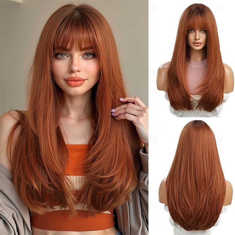 Long Straight Copper Wigs for Women Natural Synthetic Hair Ombre Wigs with Fringe for Daily Party Use