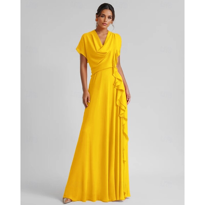 A-Line Cocktail Elegant Wedding Guest Dress Formal Floor Length 3/4 Length Sleeve V Neck Chiffon with Ruched Ruffles4