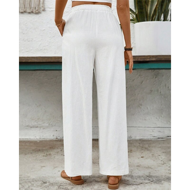 Women's Wide Leg Cotton Linen Pants Pants Trousers Fashion Streetwear Comfort Full Length Mid Waist Plain Pocket Elastic Waist Comfy Comfortable Street Daily Wear Going out White Summer Spring2