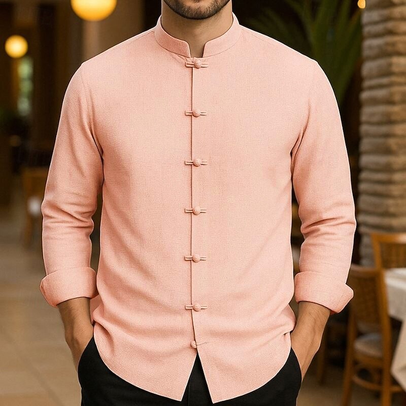 Men's Cotton Linen Shirt Solid / Plain Color Vacation Black White Light Green Pink Long Sleeve Grandad Clothing Apparel4