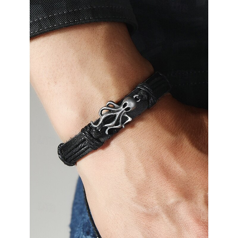 Men's Octopus Charm Leather Bracelet – Adjustable Nautical Rope Wristband for Surfers, Rock Fans and Casual Outfits
