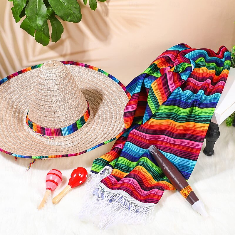 6 Pcs Mexico Costume Set Including Sombrero Hat Mexico Poncho Fake Mustache Colorful Maracas and Stick Prop for Adults Men Women Cinco De Mayo Outfit Fiesta Event Party4