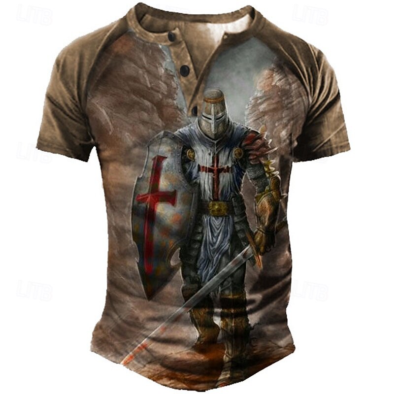 Men's Graphic Color Block Soldier T Shirt Vintage Shirt Henley Shirt Short Sleeve 3D Print Designer Basic Classic Outdoor Daily Sports Summer Blue Brown Green Gray Henley Henley T-Shirt