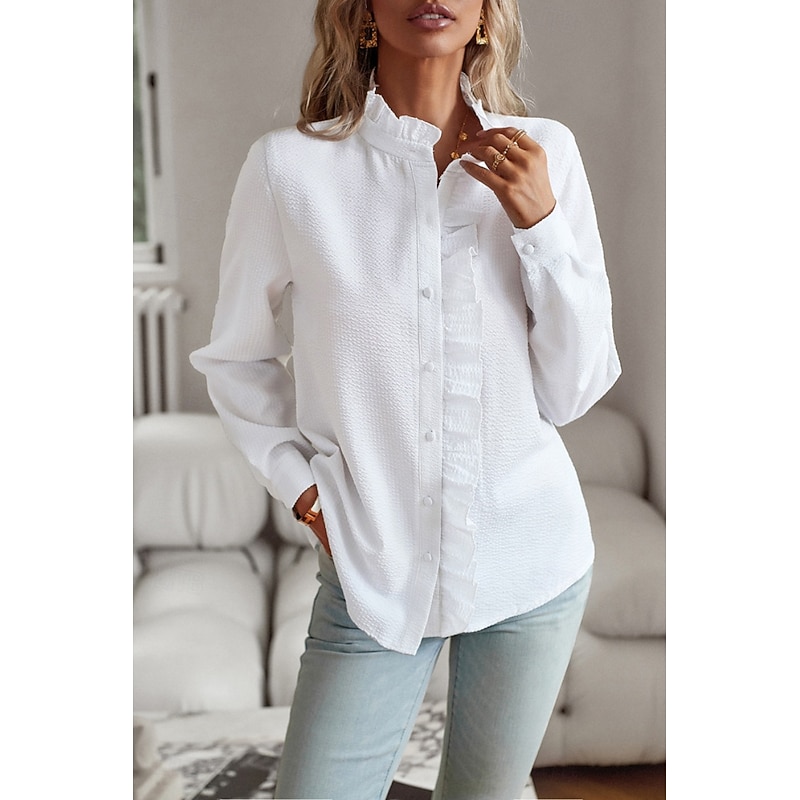 Women's Shirt Cotton Linen Shirt Blouse Plain Modern Casual Long Sleeve High Neck Regular Tops Daily Going out Buttons Black White Pink Blue Summer