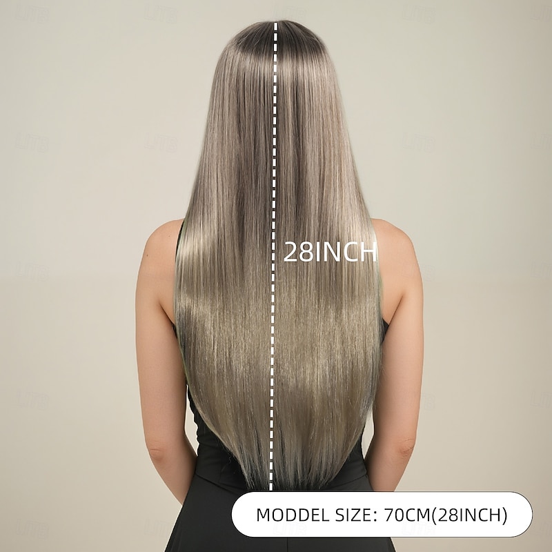 Synthetic Wig kinky Straight Natural Straight Layered Haircut Neat Bang Machine Made Wig 28 inch A1 Synthetic Hair Women's Comfortable Color Gradient Highlighted / Balayage Hair Blonde4