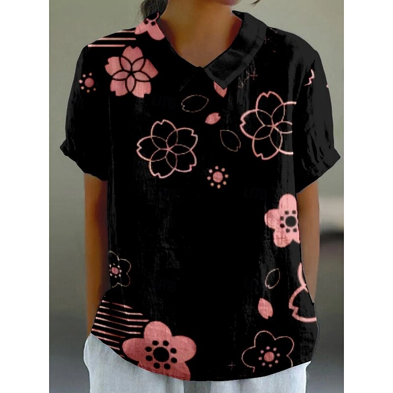 Women's Shirt Floral Stylish Modern Short Sleeve Shirt Collar Regular Tops Daily Holiday Print Black White Pink Blue Summer4