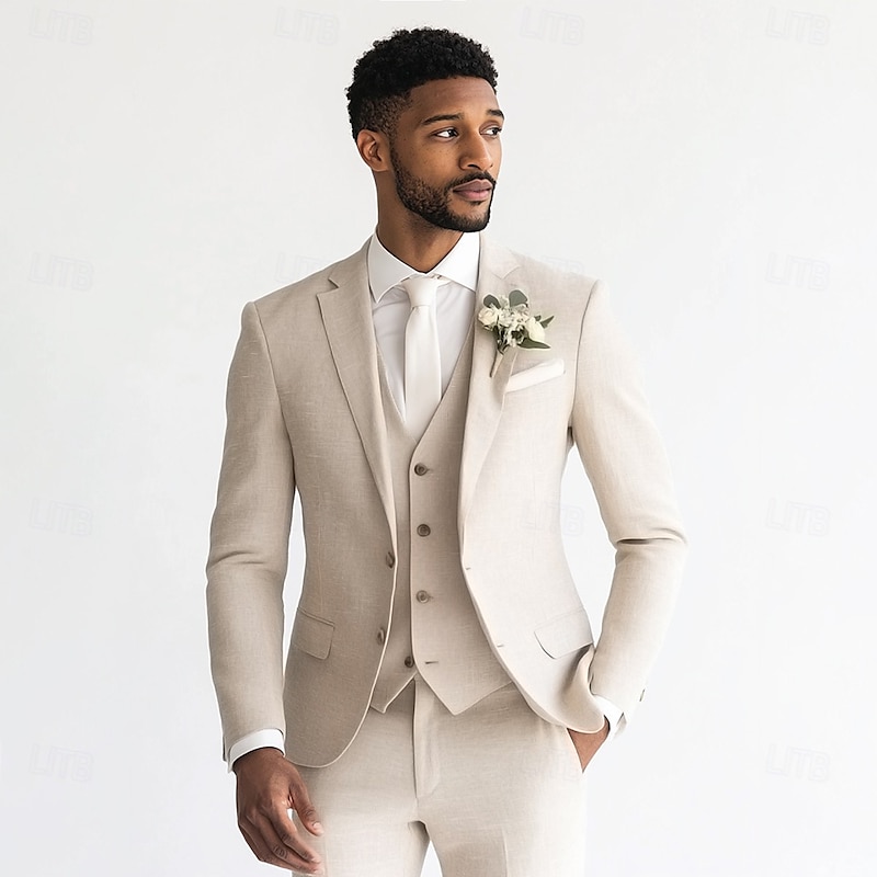 Men's Wedding Linen Suits Sky Blue Sage Fashion Formal Solid Colored Standard Fit 3 Piece Single Breasted Two-buttons2