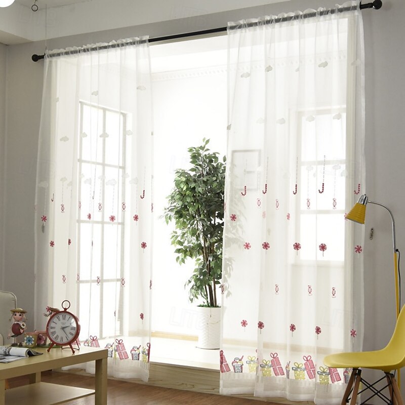 2Pcs Cartoon Anime Style High-End Embroidered Window Screen Living Room Bedroom Dining Room Study Semi Transparent Curtains