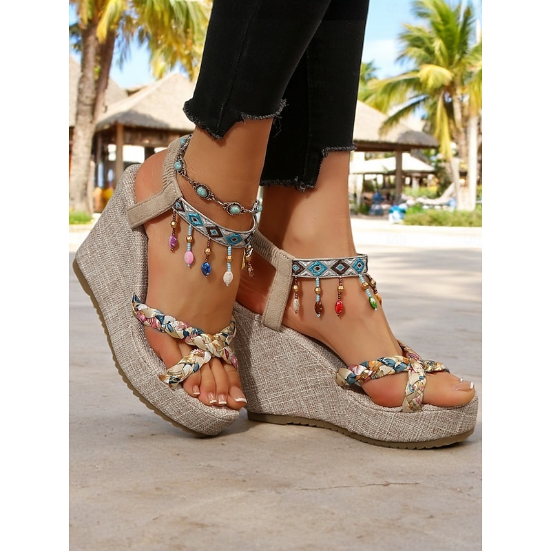 Women's Boho Beaded Wedge Sandals – Braided Platform Shoes with Tribal Ankle Straps for Beach, Festivals & Vacations4