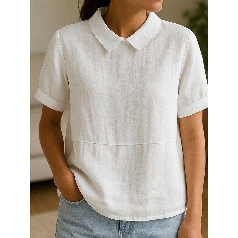 Women's Cotton Linen Shirt Plain Modern Short Sleeve Shirt Collar Regular Tops Daily White Blue Summer2