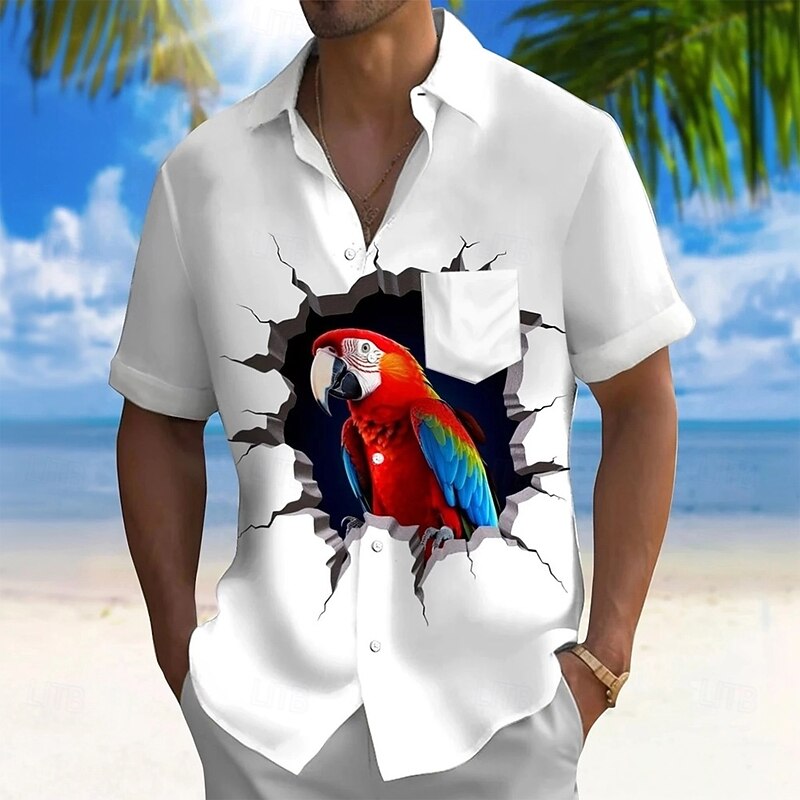 Men's Bird Parrot Shirt Summer Hawaiian Shirt Button Up Shirt Short Sleeve Hawaiian Vacation Holiday Beach Wear Summer Spring Turndown 3D Print Collared Shirts Front One Pocket White