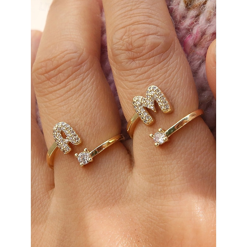 Gold Initial Ring for Women - Adjustable A-Z Alphabet Ring with Beads or Crystals - Personalized Name Jewelry for Everyday Wear, Graduation Season Gift or Special Occasion3