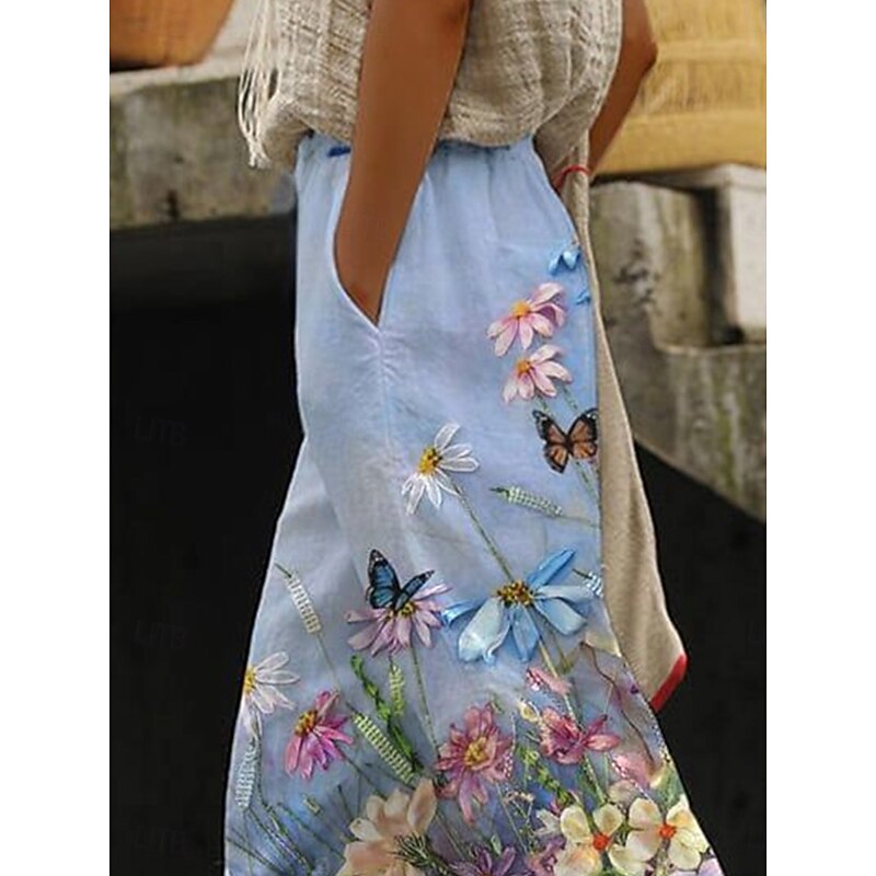 Women's Cotton Linen Pants Baggy Pants Linen Like Beach Vacation Vintage Fashion Ankle-Length High Waist Floral Graphic Gradient Printing Breathable Soft Micro-elastic Causal Baby blue Light Sky Blue2