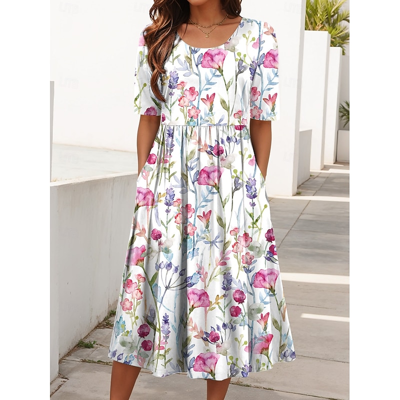 Women's Midi Dress Summer Dress Pleated Dress Vacation Casual Beach Daily Holiday Regular Fit Floral Graphic Short Sleeve Crew Neck White Red Blue Green Summer