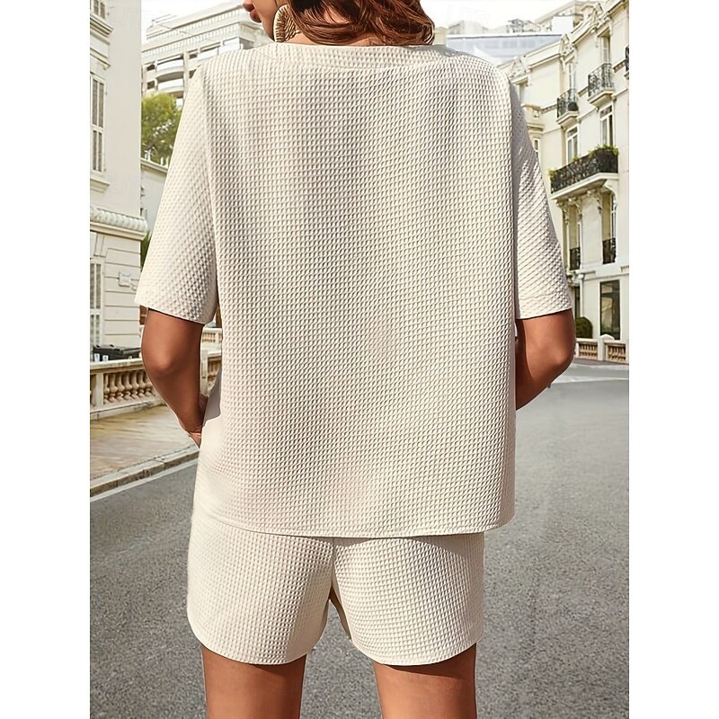 Women's 2 Pieces Fashion Streetwear Daily Shorts Sets Short Sleeve Crew Neck Solid Color Drawstring Casual Daily Black White Pink Summer Loose Fit2