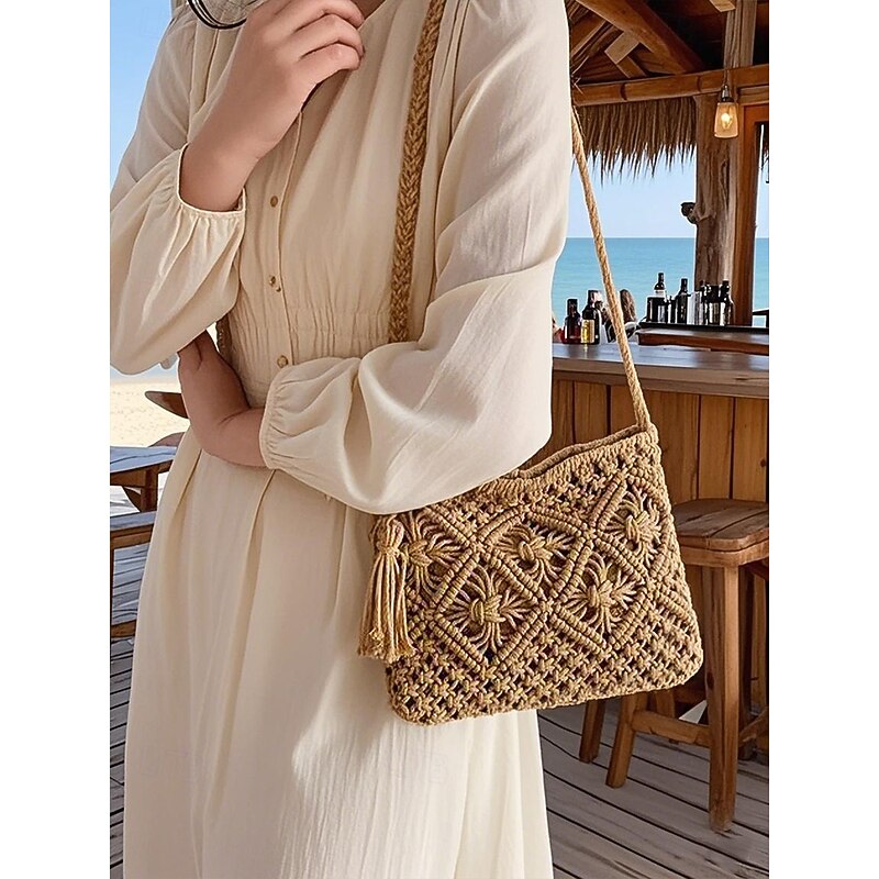 Women's Handwoven Boho Crossbody Bag – Vintage Macrame Shoulder Purse with Tassel for Beach Vacations and Casual Outfits Color Black White Pink3