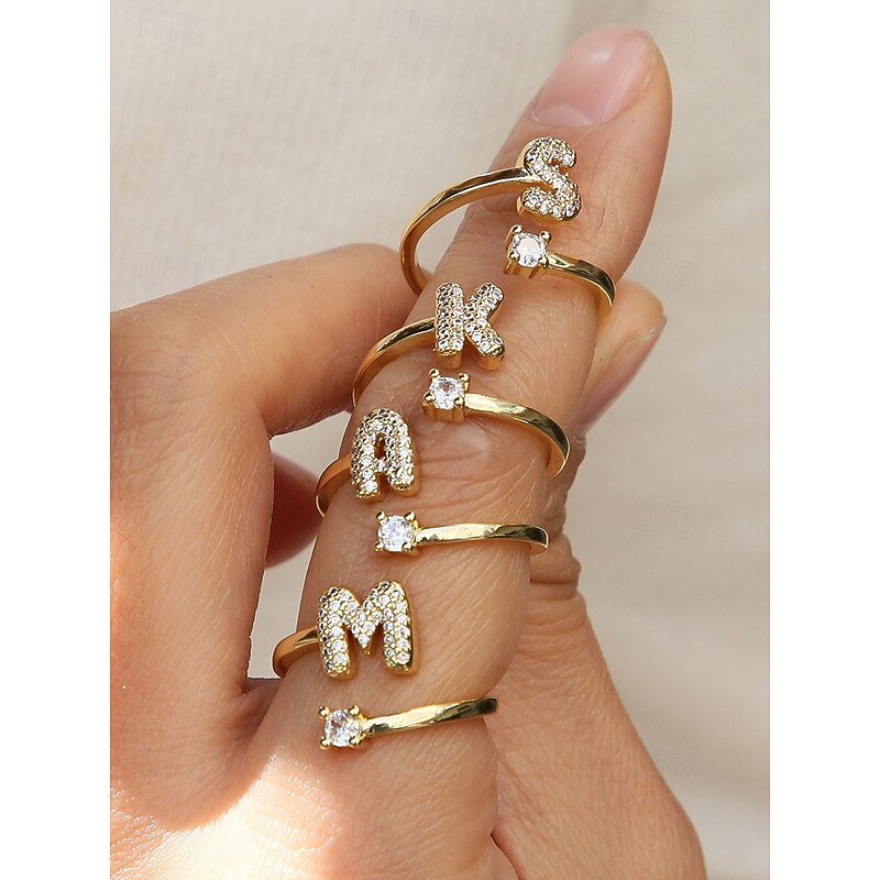 Gold Initial Ring for Women - Adjustable A-Z Alphabet Ring with Beads or Crystals - Personalized Name Jewelry for Everyday Wear, Graduation Season Gift or Special Occasion