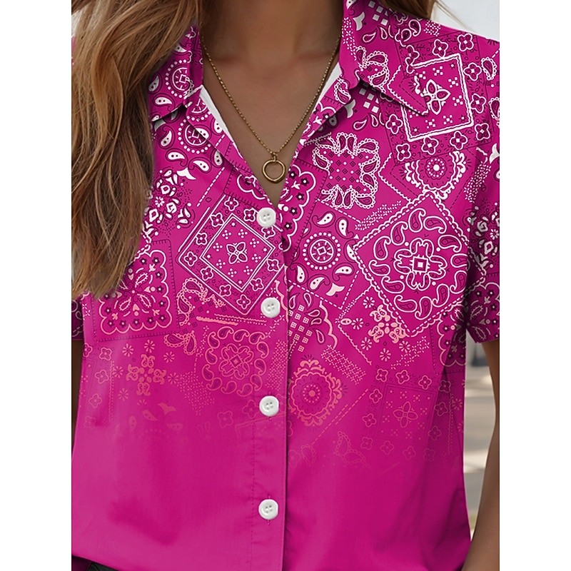 Women's Shirt Long Sleeve Button Down Blouse Ombre Graphic Paisley Daily Casual Short Sleeve Shirt Collar Regular Tops Daily Red Blue Fuchsia Summer Spring3