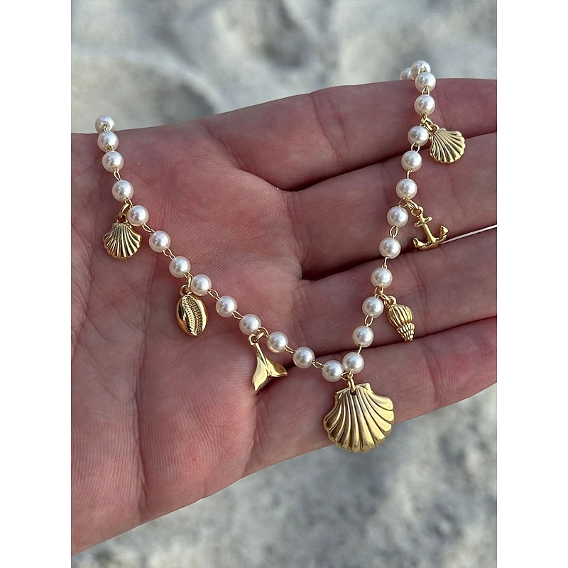 Women's Pearl Beaded Necklace with Gold Sea Charms – Nautical Beach Jewelry for Summer Vacation and Resort Wear3