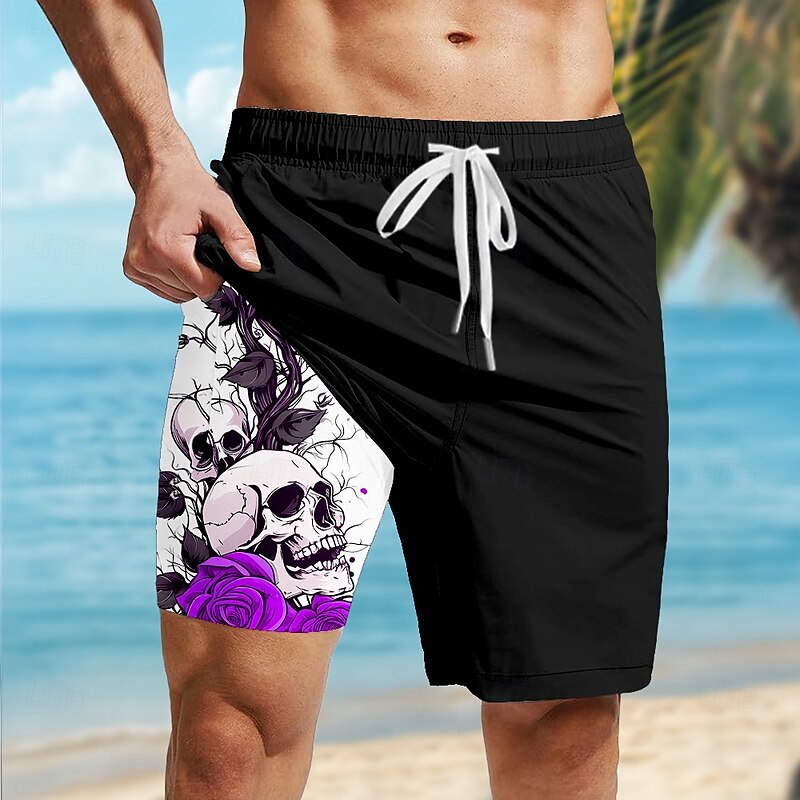 Men's Skull Gothic Halloween Costumes Lined Shorts 2 in 1 Board Shorts Swim Shorts Mid Waist Hawaiian Retro Vintage Holiday Streetwear Side Pockets With Compression Liner Elastic Drawstring Waist3