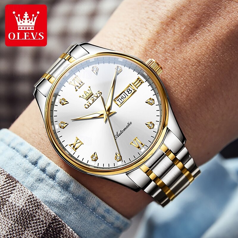 OLEVS Men's Mechanical Watch, Minimalist Fashion, Automatic Self-Winding, Luminous Date Week, Waterproof Steel Watch4
