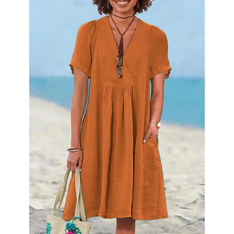 Women's Mini Dress Linen-Inspired Dresses A Line Dress Casual Beach Daily Regular Fit Plain Short Sleeve V Neck Light Green Royal Blue Purple Orange Summer4