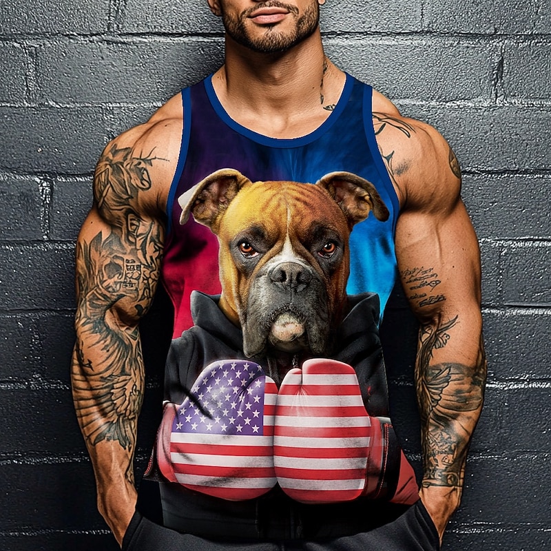 Tough Boxer USA VINCENT HIE Men's Dog Funny Vest Top Undershirt Sleeveless T shirt 3D Print Crew Neck Round Neck Shirt Fashion Exaggerated Street Casual Daily Black Summer Spring Clothing Apparel S M