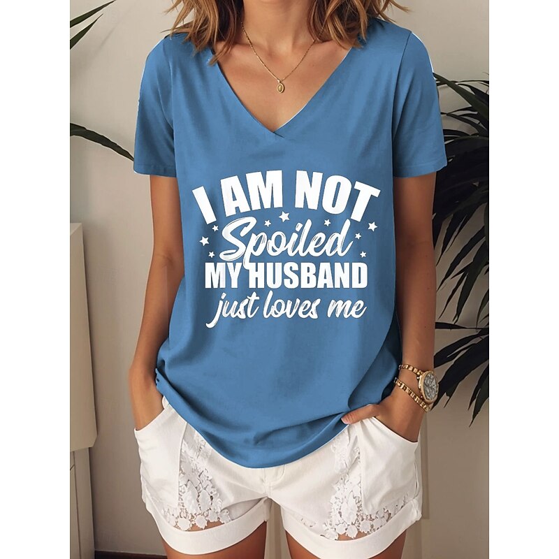 Women's T Shirt Graphic Letter Stylish Casual Short Sleeve V Neck Regular Tops Daily Print Blue Purple Green Summer