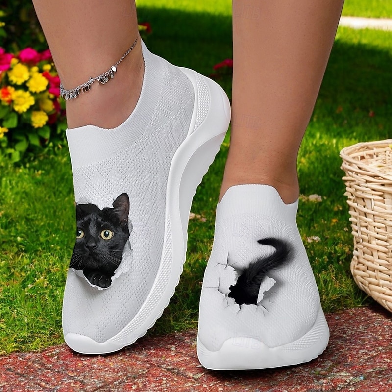 Slip-On Flyknit Sneakers with Cat Print Design, Breathable Upper and Comfortable Sole for Casual and Fun Wear4