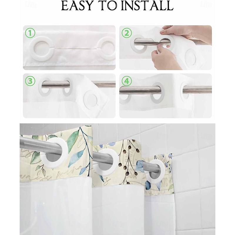 No Hook Shower Curtains 180cm*180cm(70"*70"), Floral Extra Long Bathtub Curtains with Snap in Liner, Botanical Flowers Waterproof Washable Fabric Bathroom Shower Curtain Sets2