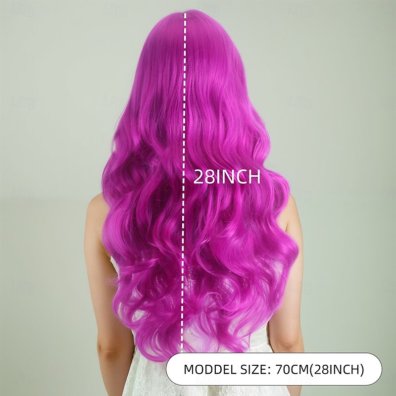 Synthetic Wig Wavy Bouncy Curl Layered Haircut Neat Bang Machine Made Wig 28 inch A1 Synthetic Hair Women's Classic Color Gradient Highlighted / Balayage Hair Purple4