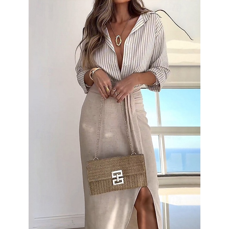 Women's Woven Straw Shoulder Bag with Gold Chain Strap – Elegant Summer Clutch Purse for Beach, Vacation & Resort Outfits2