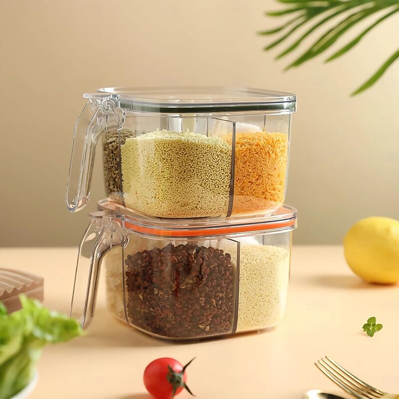 2 PCS Compartment Condiment Pots Set, Transparent Seasoning Box with Lids and Spoons, Convenient and Neat Storage Solution for Your Kitchen