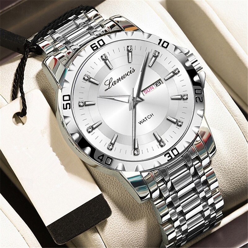 Fashionable Men's Quartz Watch with Simple Round Dial Dual Calendar Luminous Waterproof Steel Strip Watch Preferred Gift for Business Watches3