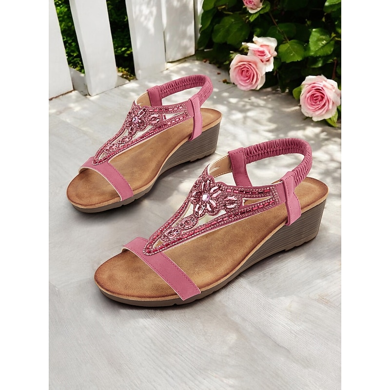 Women's Rose Pink T-Strap Wedge Sandals with Rhinestones – Stylish Summer Shoes for Garden Parties & Daily Wear4