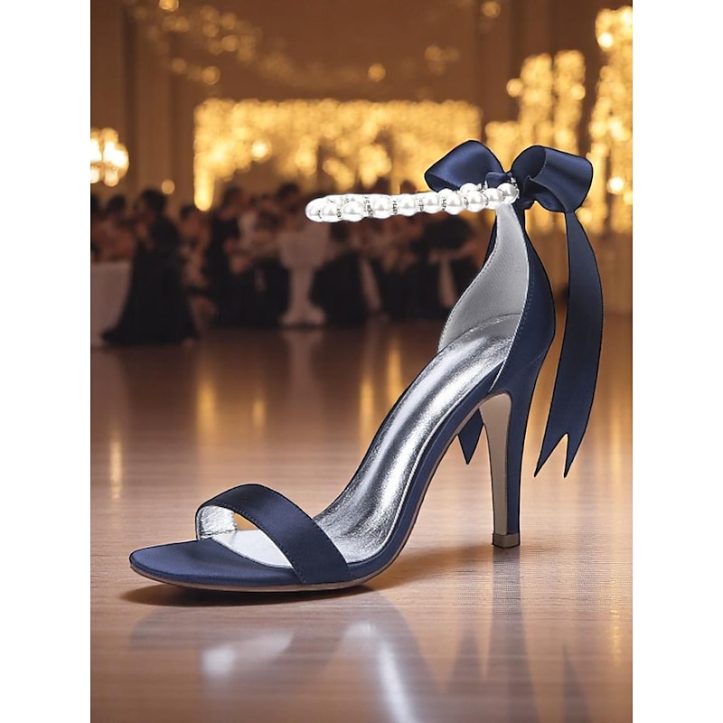 Women's Navy Satin High Heel Sandals – Pearl Ankle Strap Stiletto Heels with Ribbon Bow for Weddings and Elegant Cocktail Party and Special Occasions