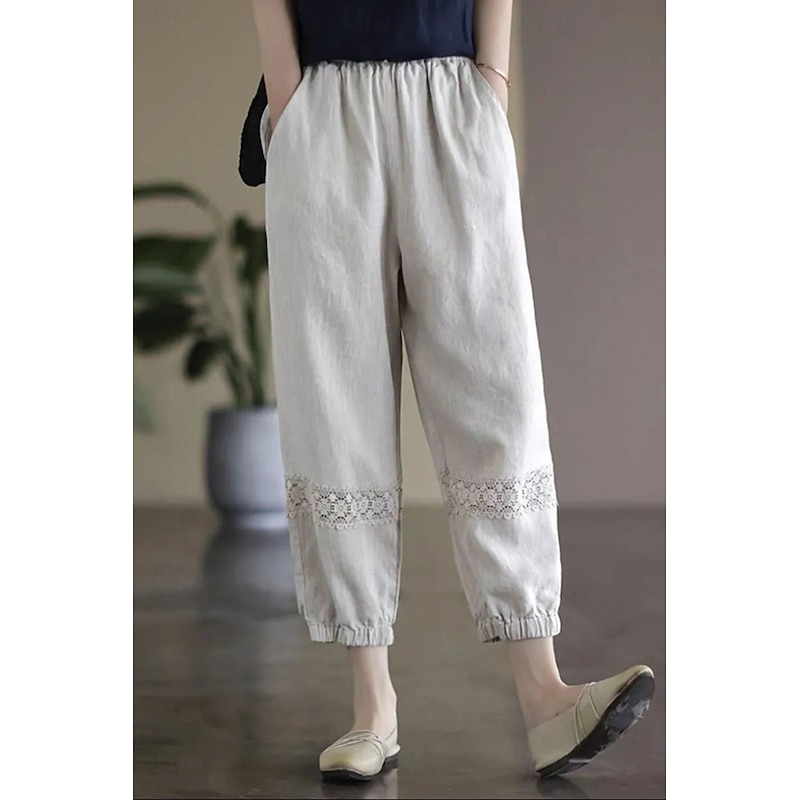 Women's Cotton Linen Shorts Linen-Inspired Pants Cotton Linen Pants Streetwear Ankle-Length Natural Plain Lace Patchwork Pocket Comfy Outdoor Comfortable Outdoor Street Holiday Apricot Green Dark2
