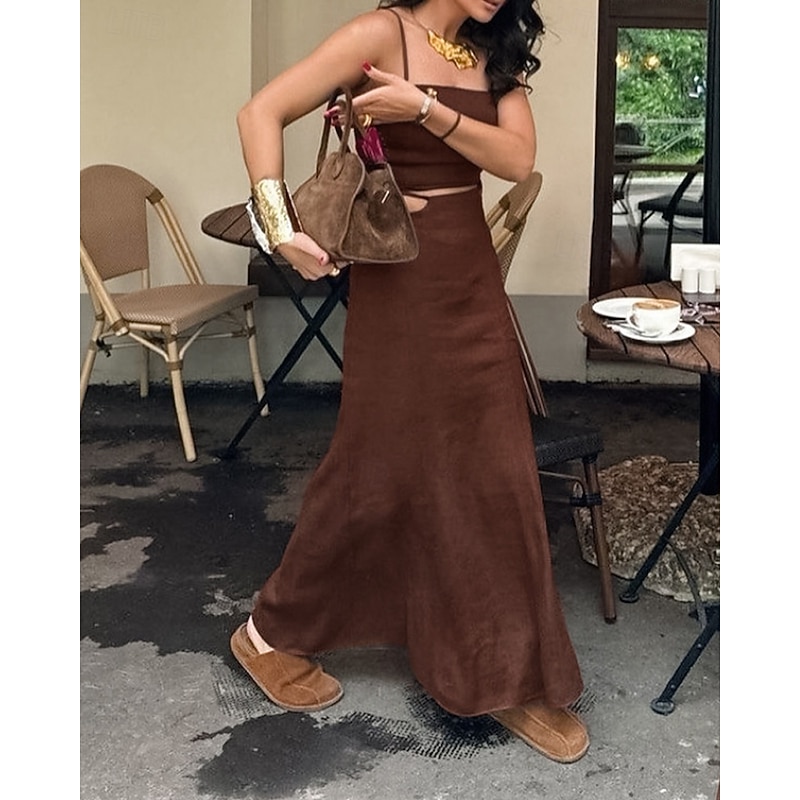 Women's Fashion Streetwear Cotton Linen Sets Skirt Sets Sleeveless Strap Plain Backless Holiday Weekend Brown Summer Regular Fit3