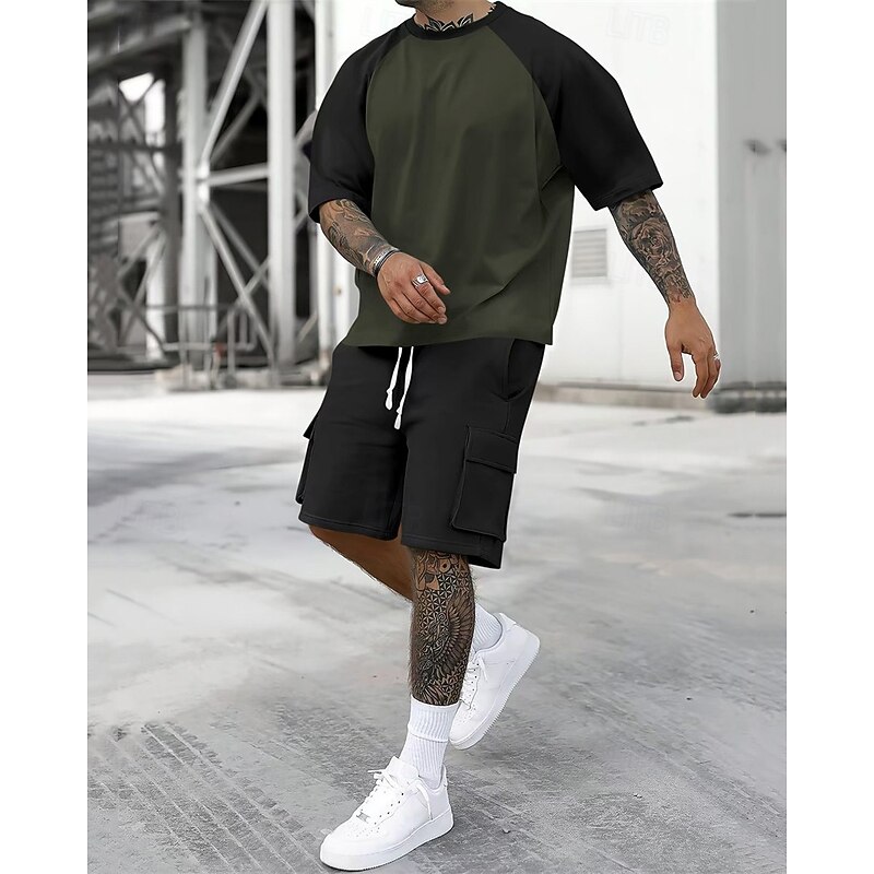 Men's T-shirt Suits 2 Pieces Outfits Tee & Shorts Short Sleeve Crew Neck Summer Color Block Fashion Casual 2 Piece Vacation Daily Wear Going out Yellow Orange Army Green Top Tee for Men4