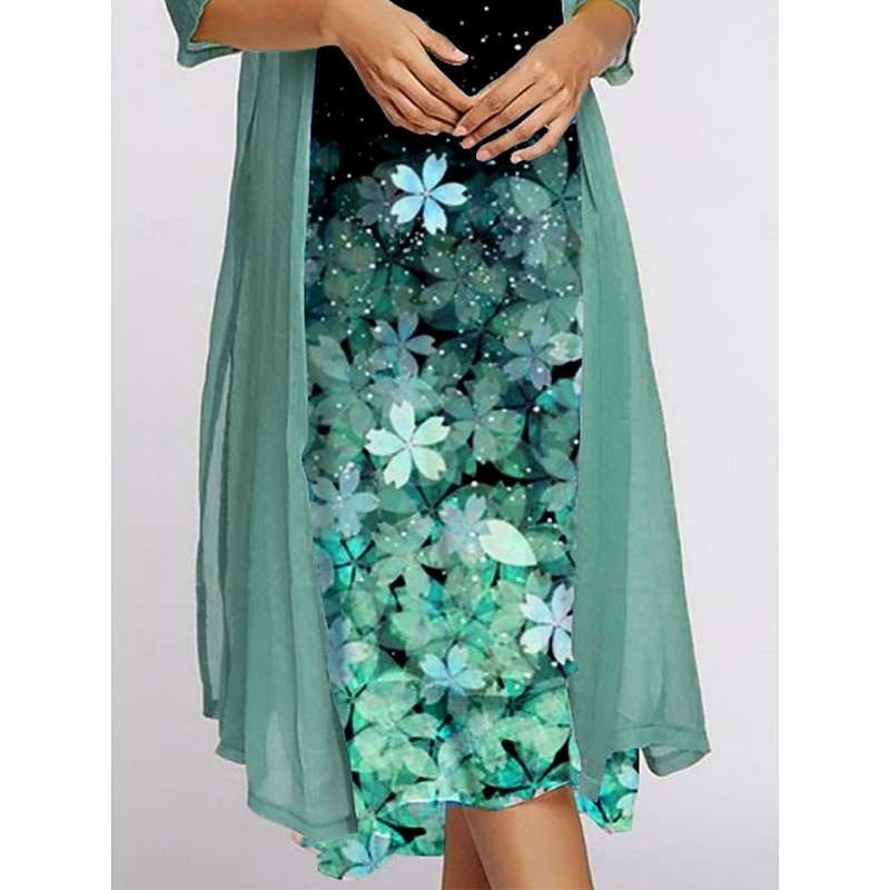 Women's Dress Set Summer Dress Casual Floral Print Midi Dress 3/4 Length Sleeve Crew Neck Outdoor Daily Pink Blue Green Summer Spring Regular Fit3