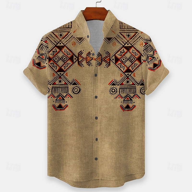 Men's Geometric Indian Ethnic Shirt Button Up Shirt Stand Collar Shirt Short Sleeve Vintage Retro Vacation Dailywear Beach Wear Summer Spring Mandarin Collar 3D Print Linen Like Shirt Light Green