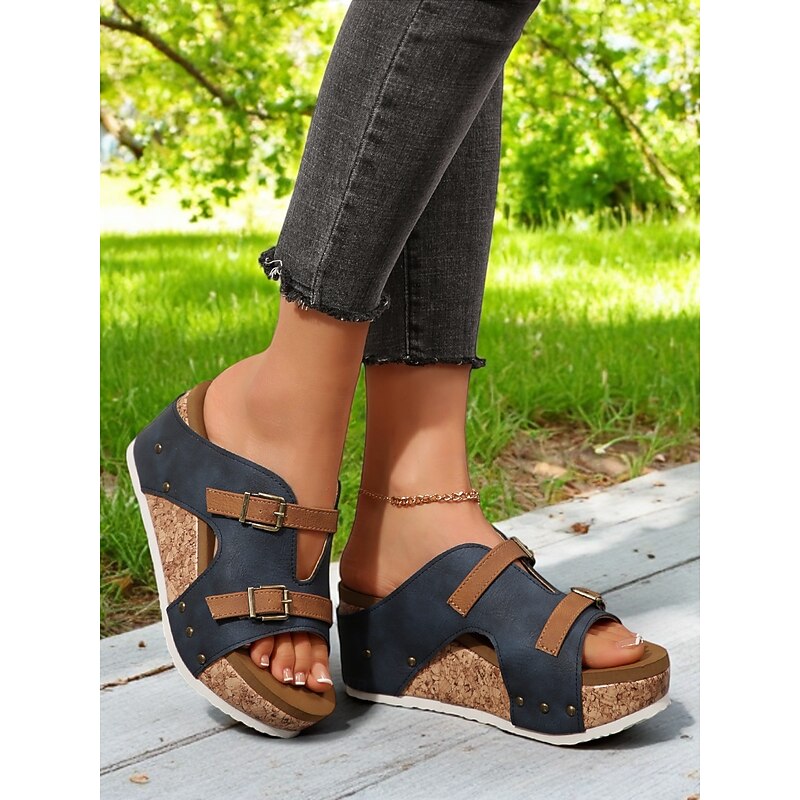 Women's Stylish Dark Blue Cork Wedge Sandals – Double Buckle Closure, Perfect for Outdoor Walks, Casual Gatherings, and Vacation3