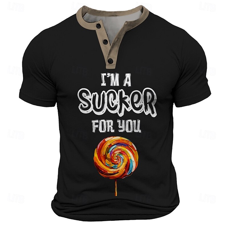Men's Lollipop Funny Slang T Shirt Henley Shirt Short Sleeve T shirt 3D Print Henley Shirt Sports Fashion Daily Street Sports Outdoor Casual Black Red Blue Summer Spring Clothing Apparel S M L XL XXL3