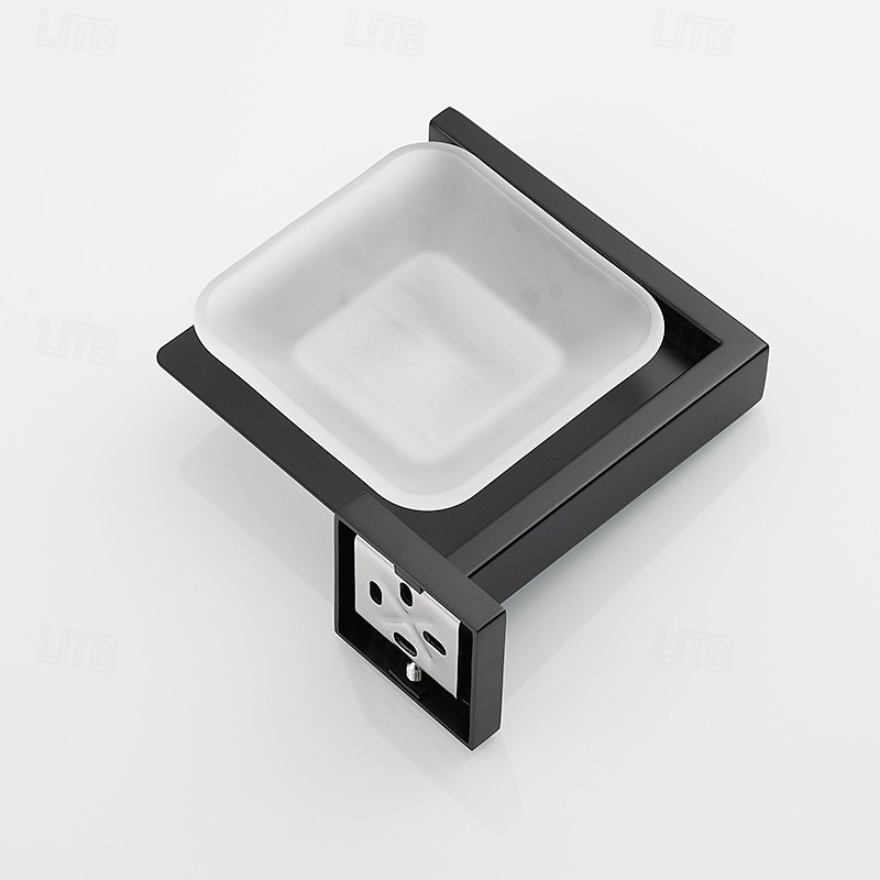 Soap Dish, Soap Holder, Bathroom Tempered Frosted Glass Soap Dish with Holder, Modern Shower Soap Dish Wall Mount, Square Soap Holder for Bath and Shower,Matte Black3