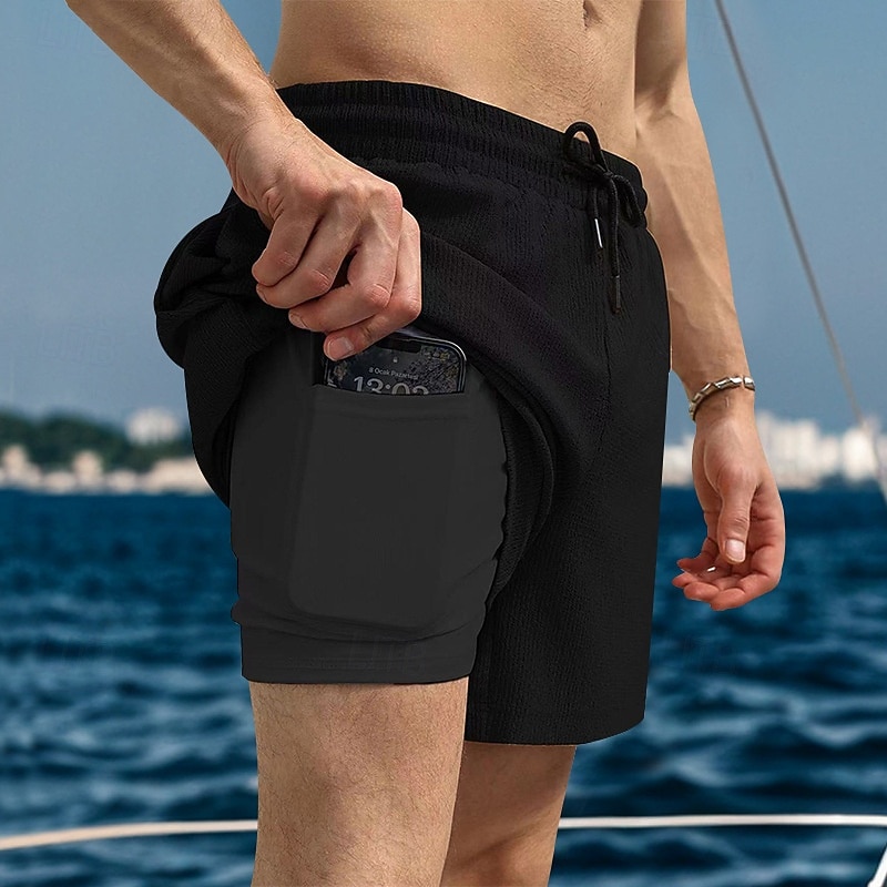 Men's 2 in 1 Board Shorts Beach Shorts Running Shorts Casual Shorts Gym Shorts Drawstring Elastic Waist Straight Leg Plain Quick Dry Moisture Wicking Short Outdoor Casual Daily Vacation Sports Black2