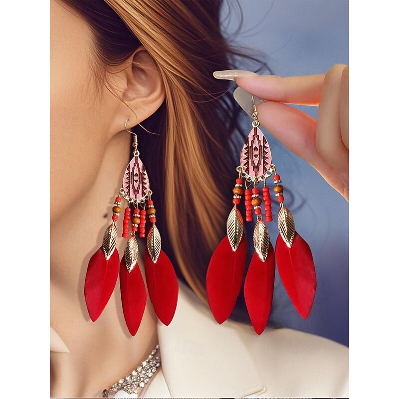Bohemian Feather Earrings with Colorful Beads, Ethnic Style for Women – Perfect for Summer Festivals, Casual Outings and Vacation Wear