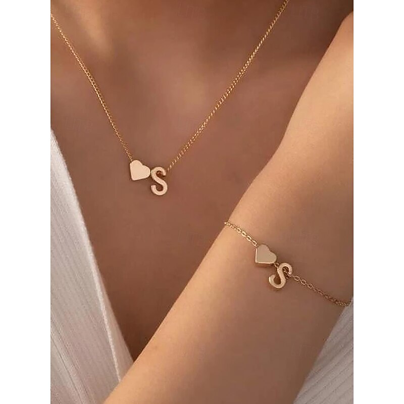 26 Initials Personalized Gold Heart Letter Necklace and Bracelet Set - Exquisite Letter Jewelry for Women and Girls, Romantic Gift for Graduation, Birthday or Valentine's Day